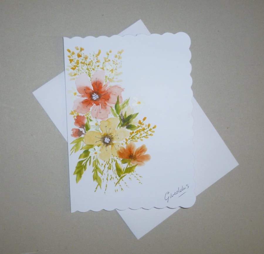 hand painted original art floral greetings card ( ref FA 324 A5 )