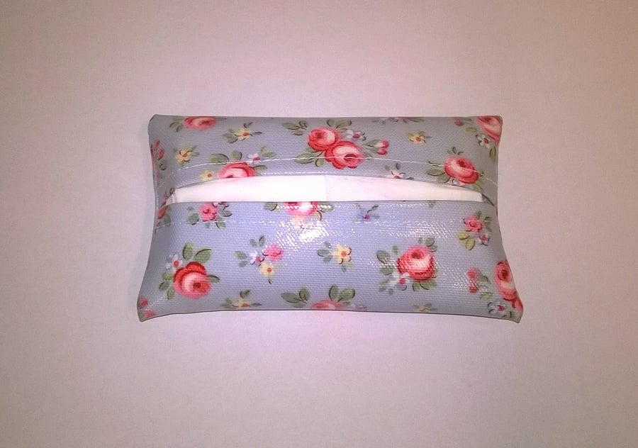 Oilcloth tissue holder, Pale blue floral pattern, pocket size tissue cover, new