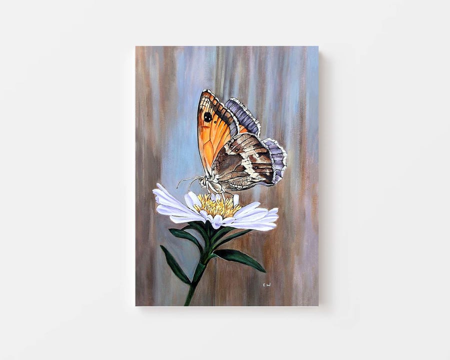 Original Meadow Brown Butterfly on Flower Art Acrylic Canvas Painting