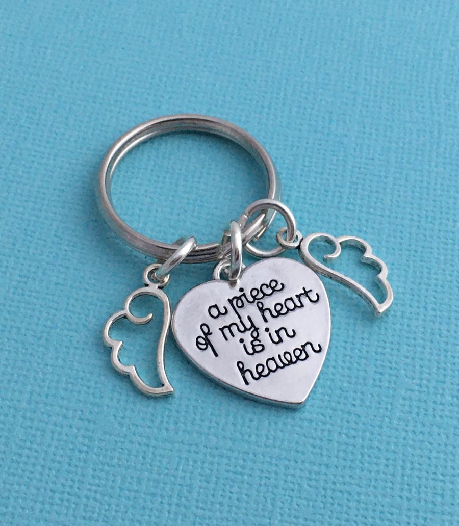 A Piece of My Heart is in Heaven Angel Wings Condolence Keyring