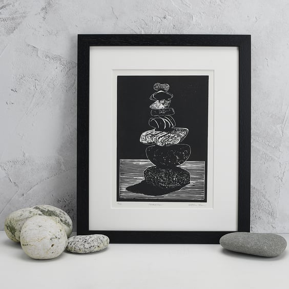 Linocut Pebble stack  Lino print  Beach lovers gift Black and white