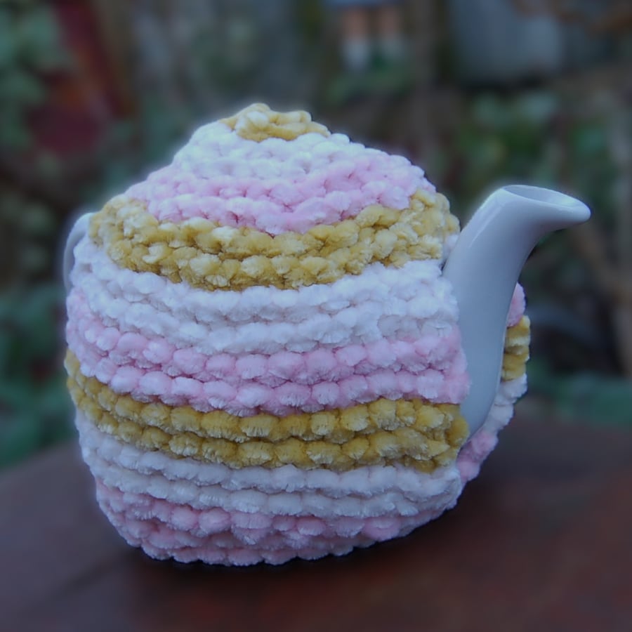 Small Tea cosy - hand knitted pink, yellow and white