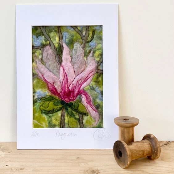 Mounted embroidered Magnolia blossom wet felted artwork, wall art. 