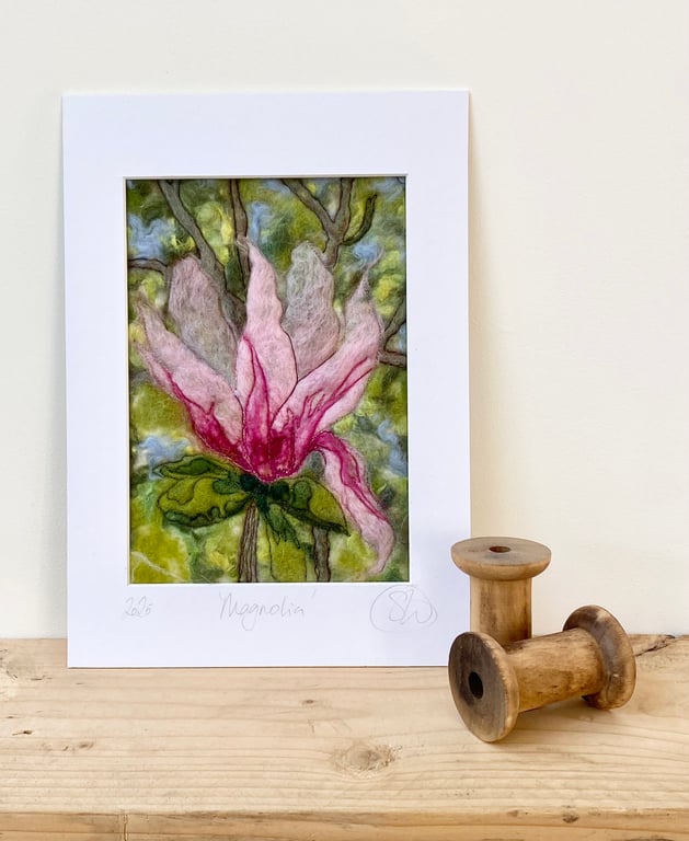 Mounted embroidered Magnolia blossom wet felted artwork, wall art. 