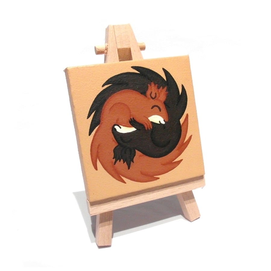 Sleeping Squirrels Miniature Art - acrylic painting on mini canvas with easel