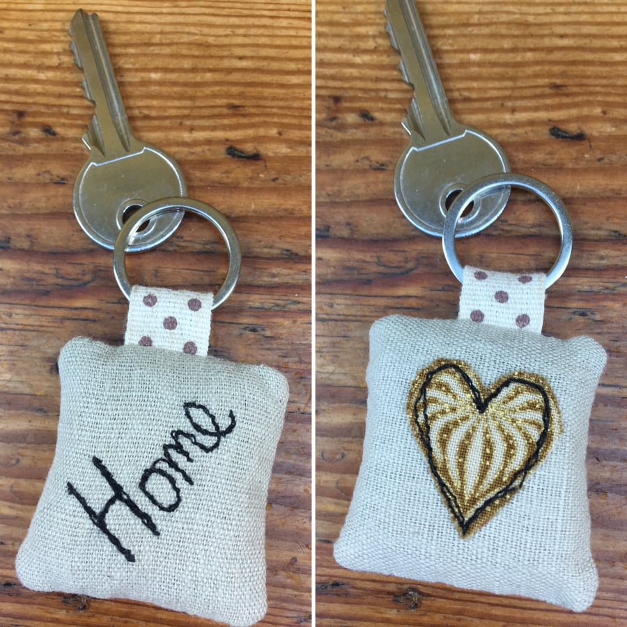 Home heart key ring - embroidered linen & lavender - gold heart