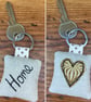 Home heart key ring - embroidered linen & lavender - gold heart - Image 1