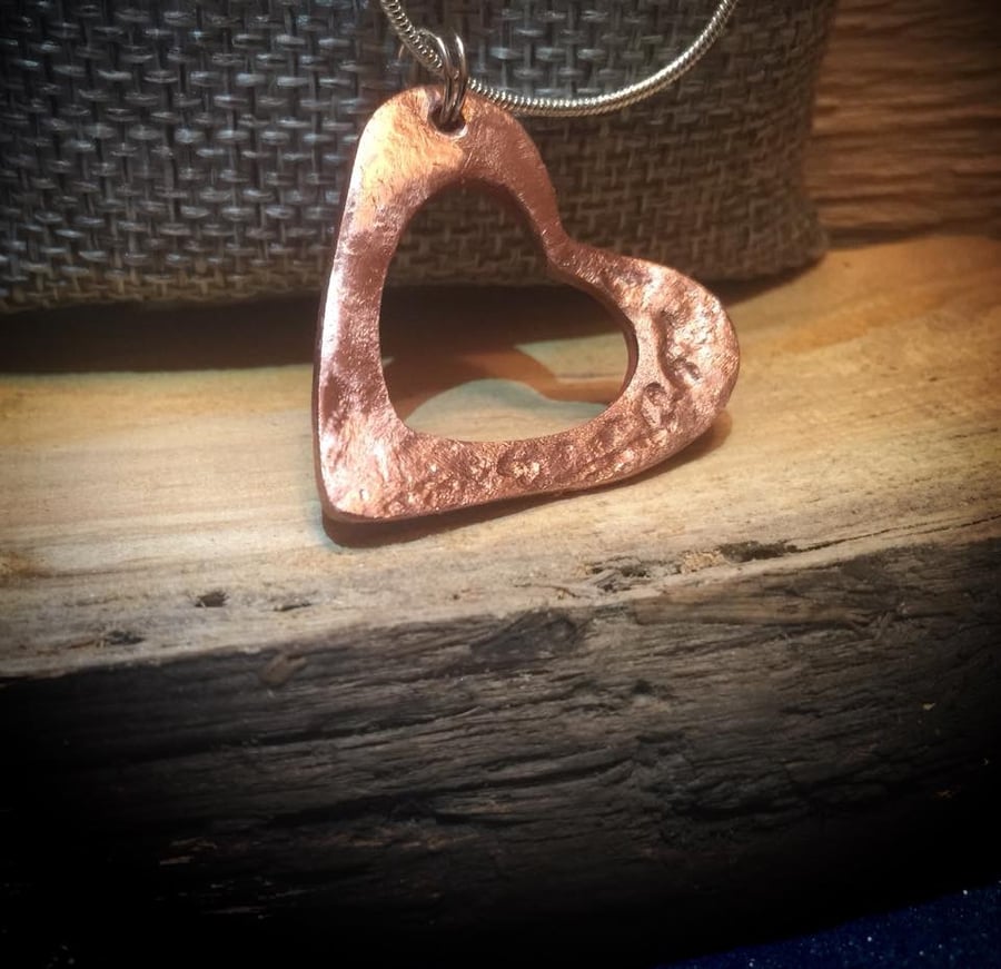 Large open heart pendant textured solid copper sterling silver chain