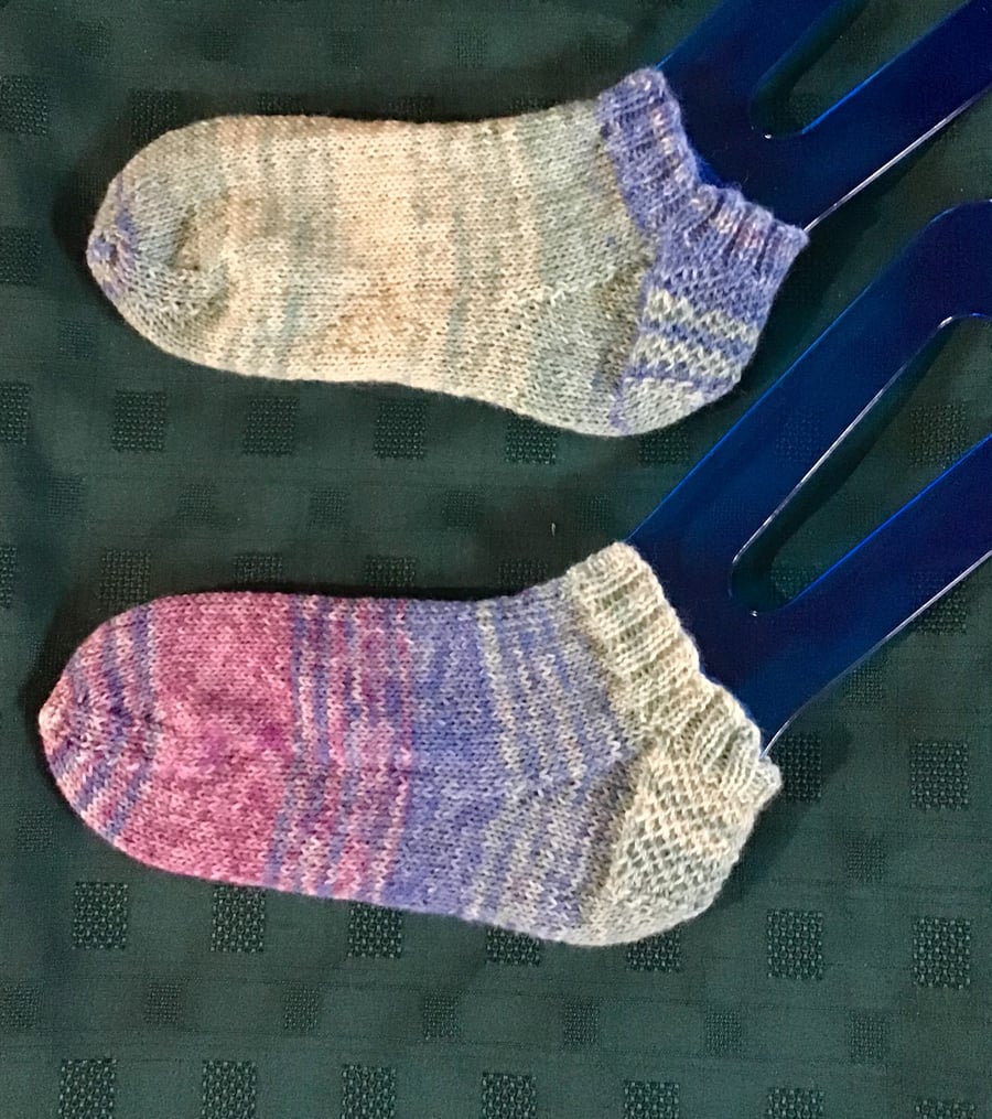 Hand knit short no show socks pale blue purple ice blue  