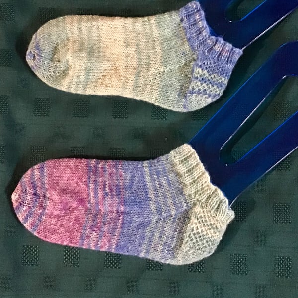 Hand knit short no show socks pale blue purple ice blue  