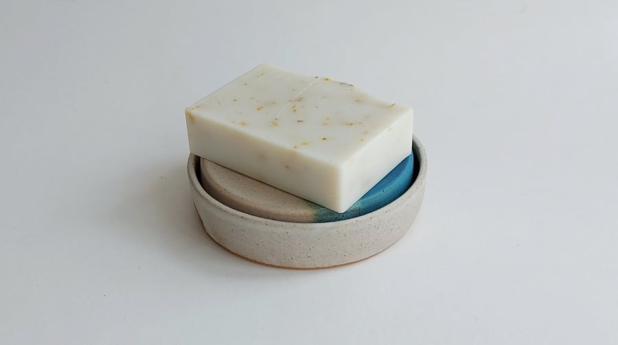 Handmade soap dish and draining dish in Tiree Sea glaze