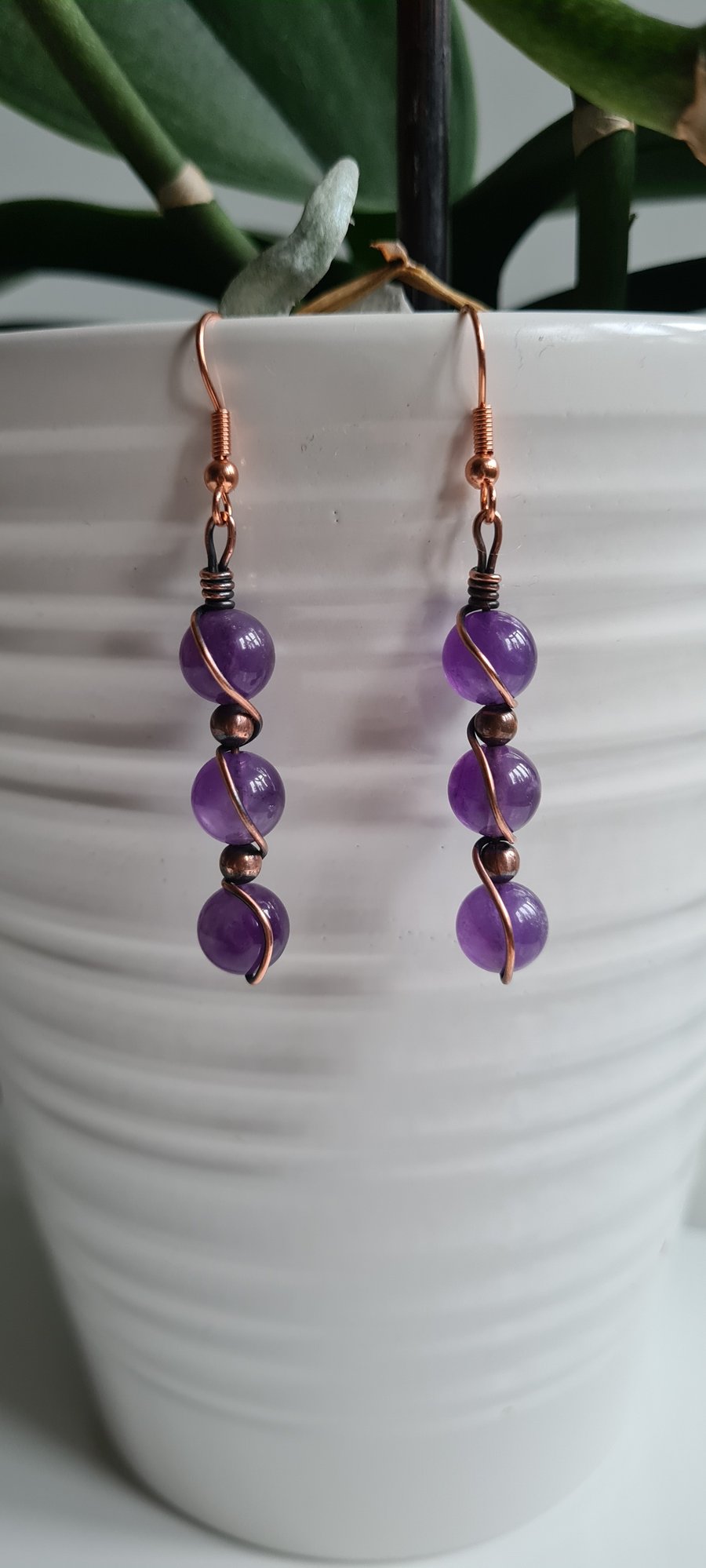 Handmade Natural Amethyst & Copper Dangle Drop Earrings Gift Crystal Jewellery