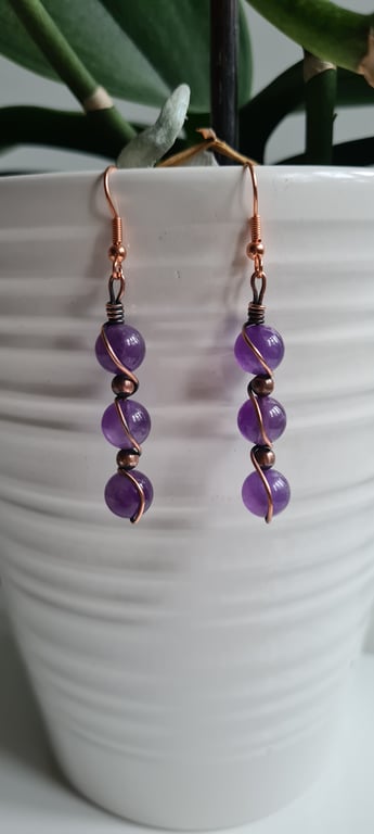 Handmade Natural Amethyst & Copper Dangle Drop Earrings Gift Crystal Jewellery