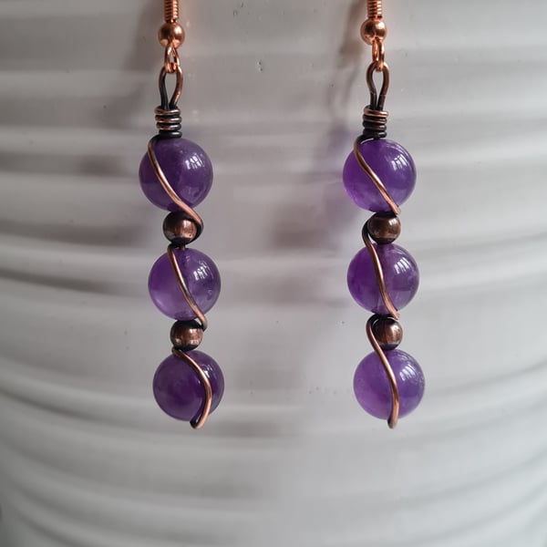 Handmade Natural Amethyst & Copper Dangle Drop Earrings Gift Crystal Jewellery