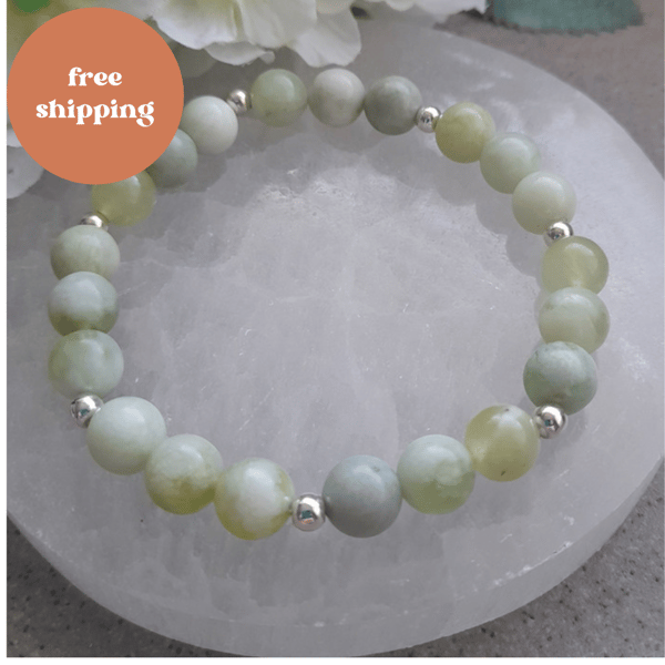 Stretch Bracelet Bowenite New Jade Semi Precious Gemstones Sterling Silver