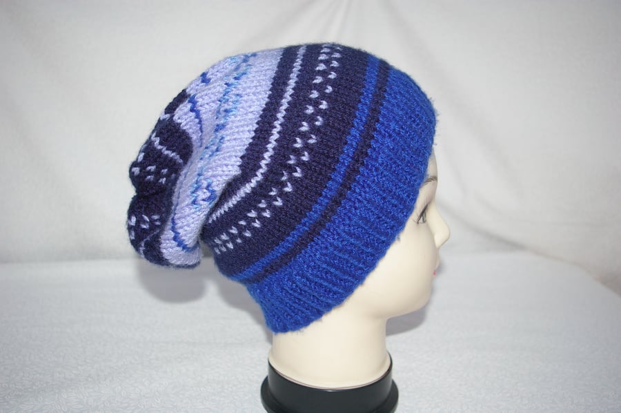 Slouch Beanie Hat Hand Knitted in Bllues.