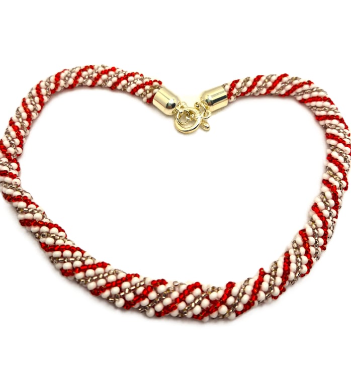 Red pink and white twisted rope seed bead necklace