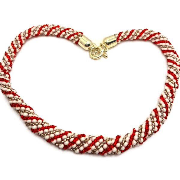 Red pink and white twisted rope seed bead necklace