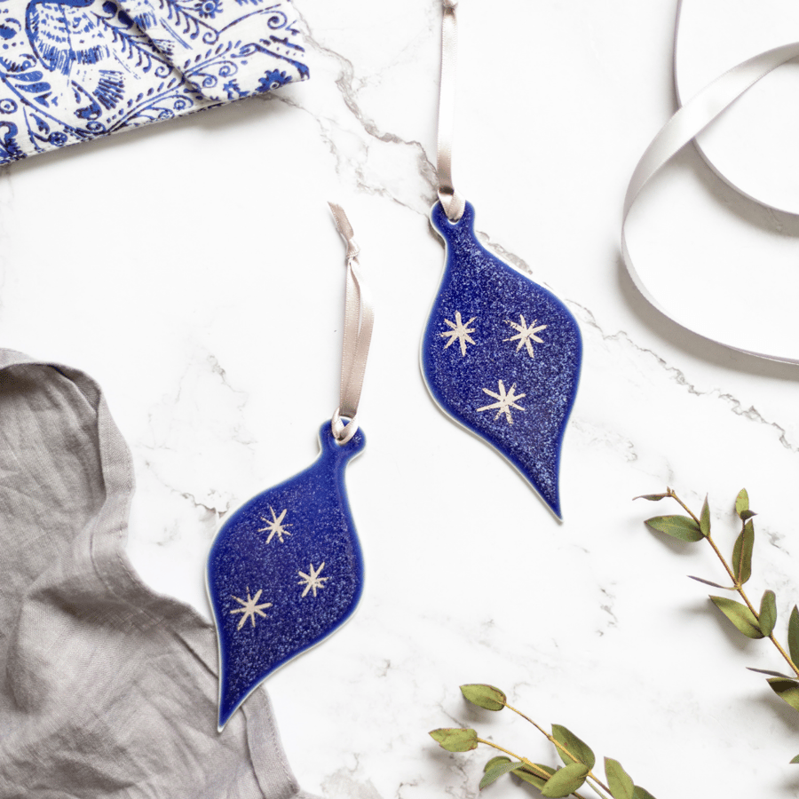 Glazed Porcelain Bauble - Blue Teardrop with stars - Hanging Decoration 