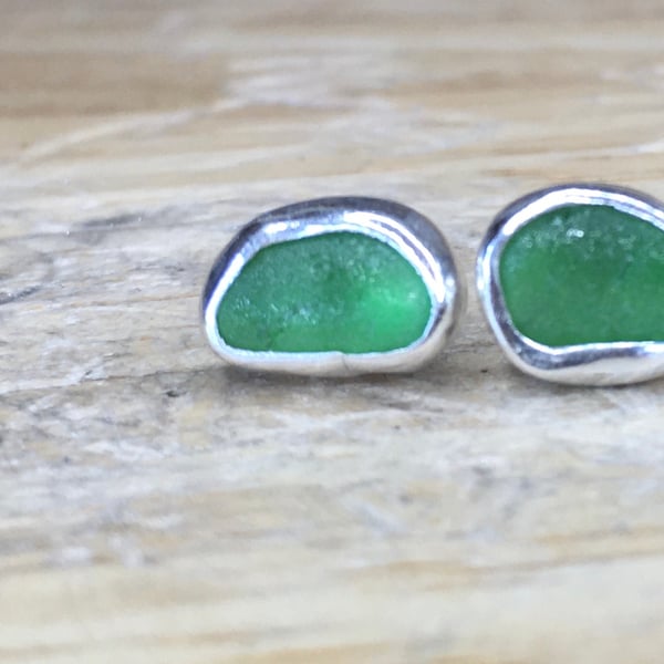 Handmade Fine & Sterling Silver Stud Earrings With Emerald Green Welsh Sea Glass