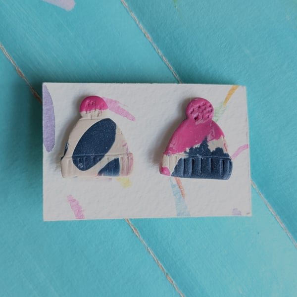 Clip on studs, multicoloured bobble hat polymer clay earrings