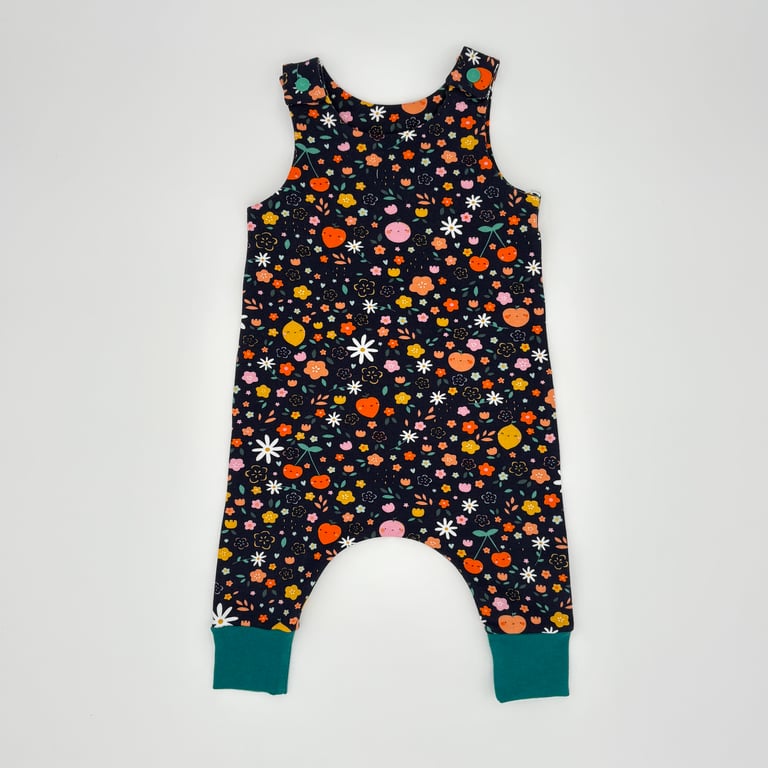 Summer fruits and flowers on navy handmade baby romper