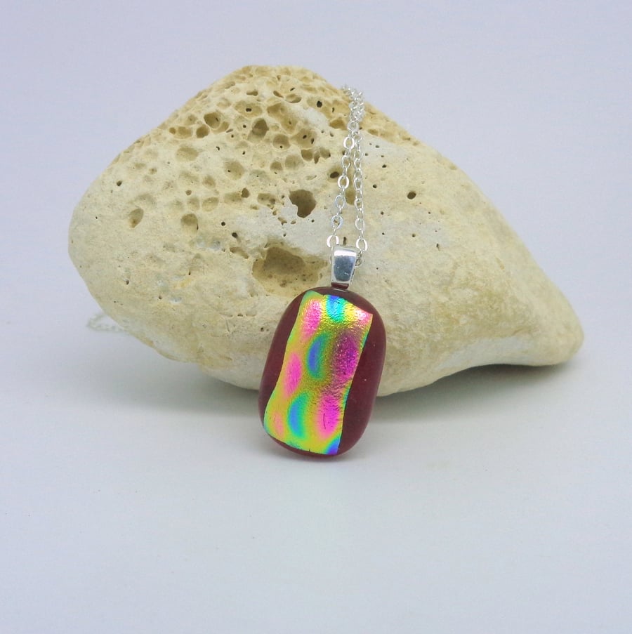 Dichroic glass pendant art red with rainbow