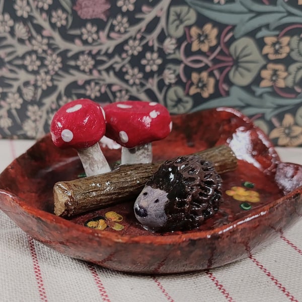 Cute toadstool and hedgehog clay trinket dish