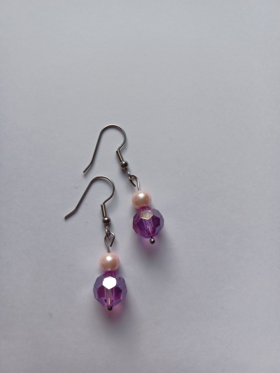 Pink crystal bead and pale pink pearl bead drop earrings
