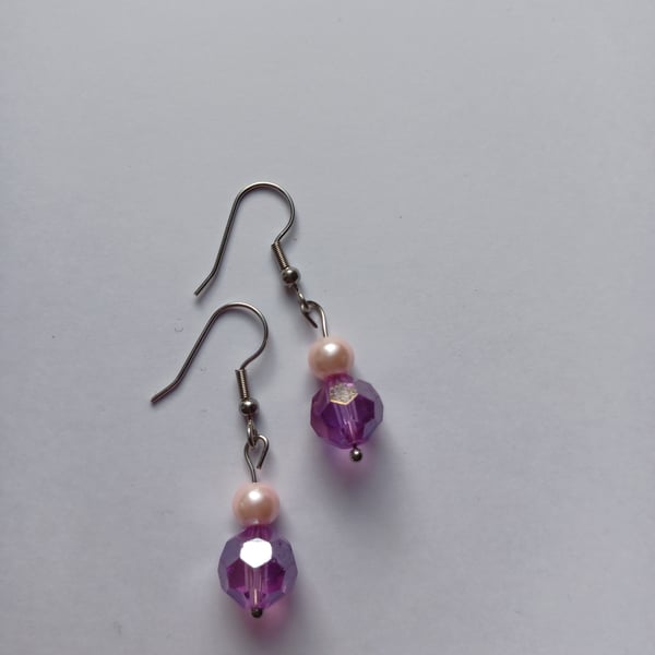 Pink crystal bead and pale pink pearl bead drop earrings