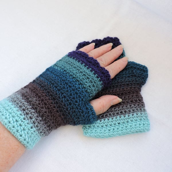 Seconds Sunday Fingerless Crochet Mitts Aqua Teal Charcoal Navy Blue