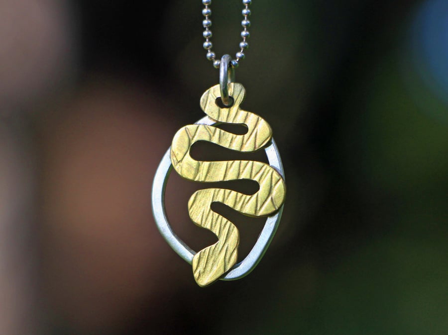 Eco Silver Brass Textured Snake Pendant Necklace