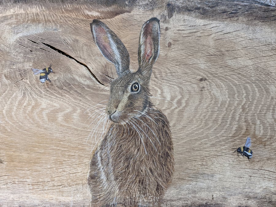 Original Extra large hare and mouse painting on reclaimed and repurposed wood