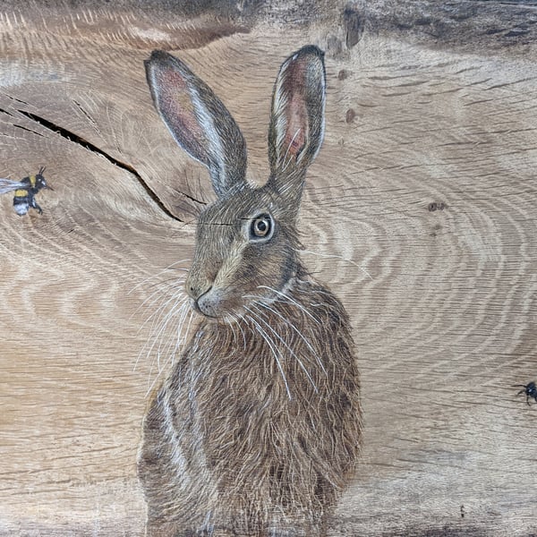 Original Extra large hare and mouse painting on reclaimed and repurposed wood