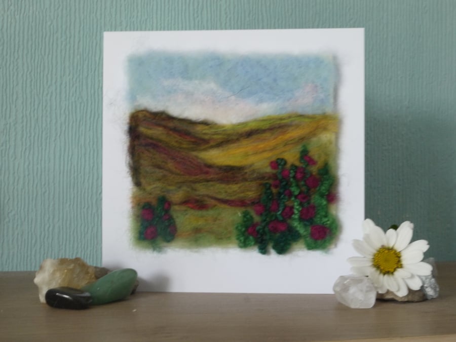 Handmade needle felted Rustic Roses greetings card
