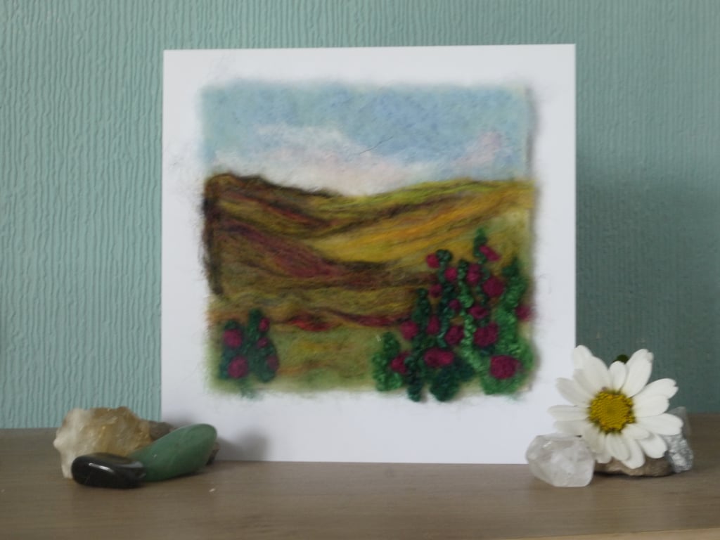 Handmade needle felted Rustic Roses greetings card