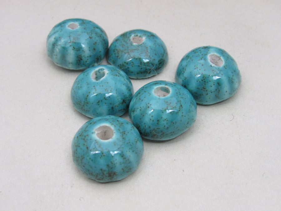 6 Small Jade Green Half-round Ceramic Flower Beads