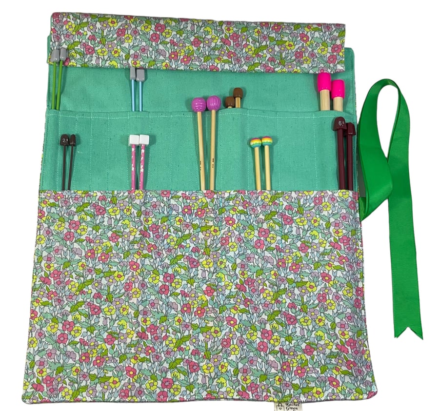 Liberty floral print Straight knitting needle case, needle roll, ribbon tie stor