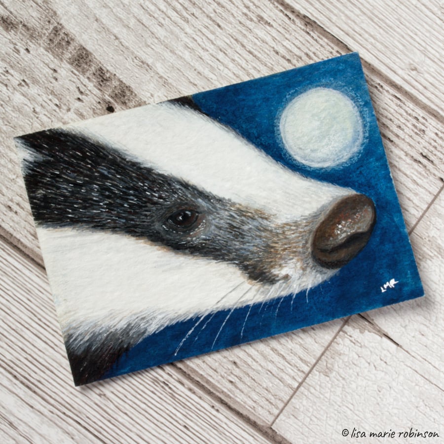 European Badger with Moon - Original ACEO Painting