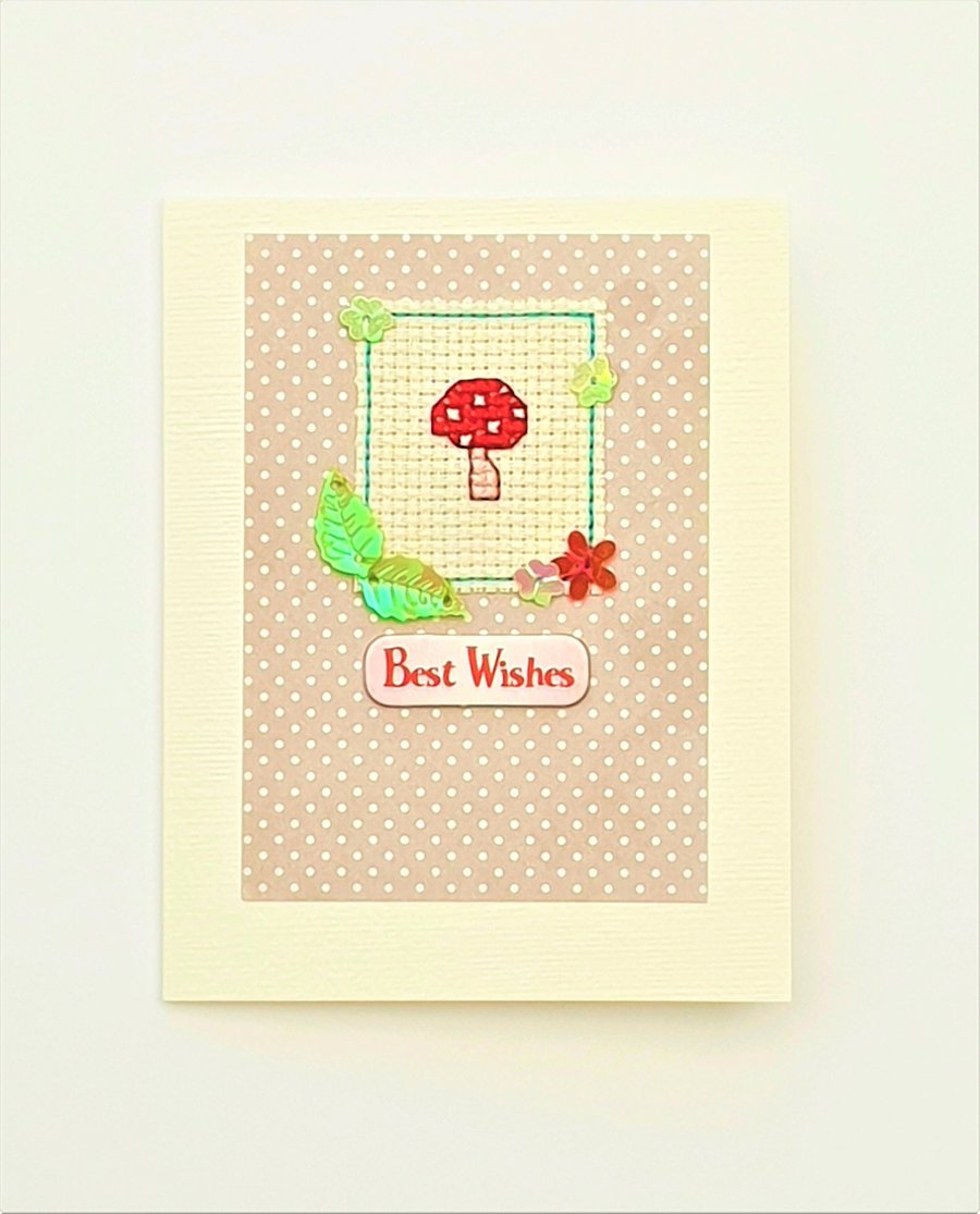 Mushroom theme Cross Stitch Card with Sequins 