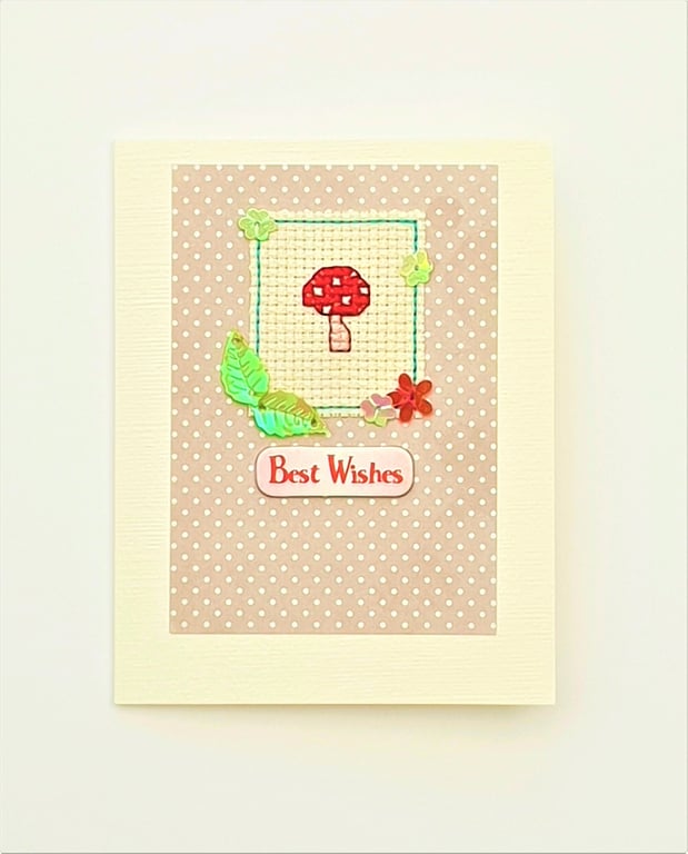 Mushroom theme Cross Stitch Card with Sequins 
