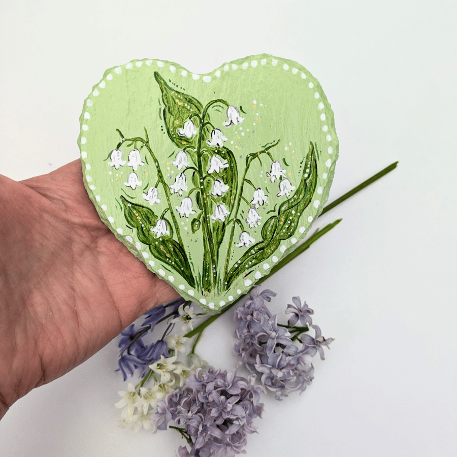 Lily of the valley hand-painted slate heart coaster 