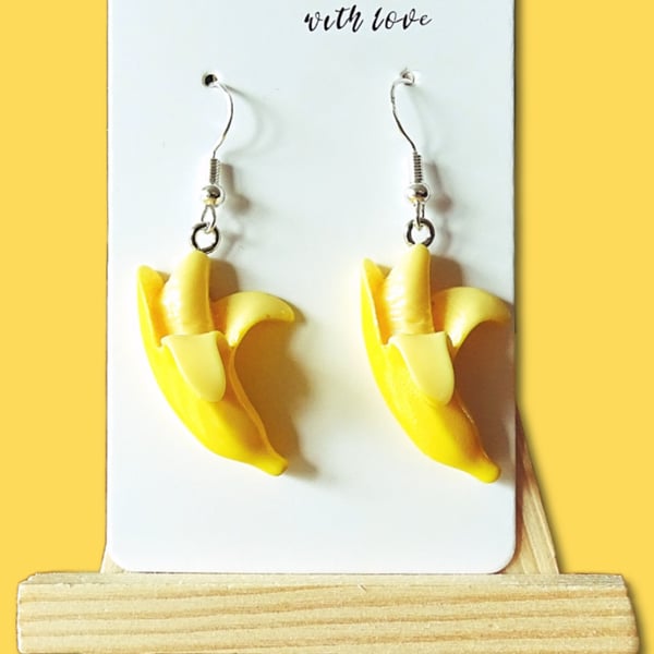 Banana Fruit Dangle Earrings 925 Silver Hooks, Quirky Jewellery Festivals