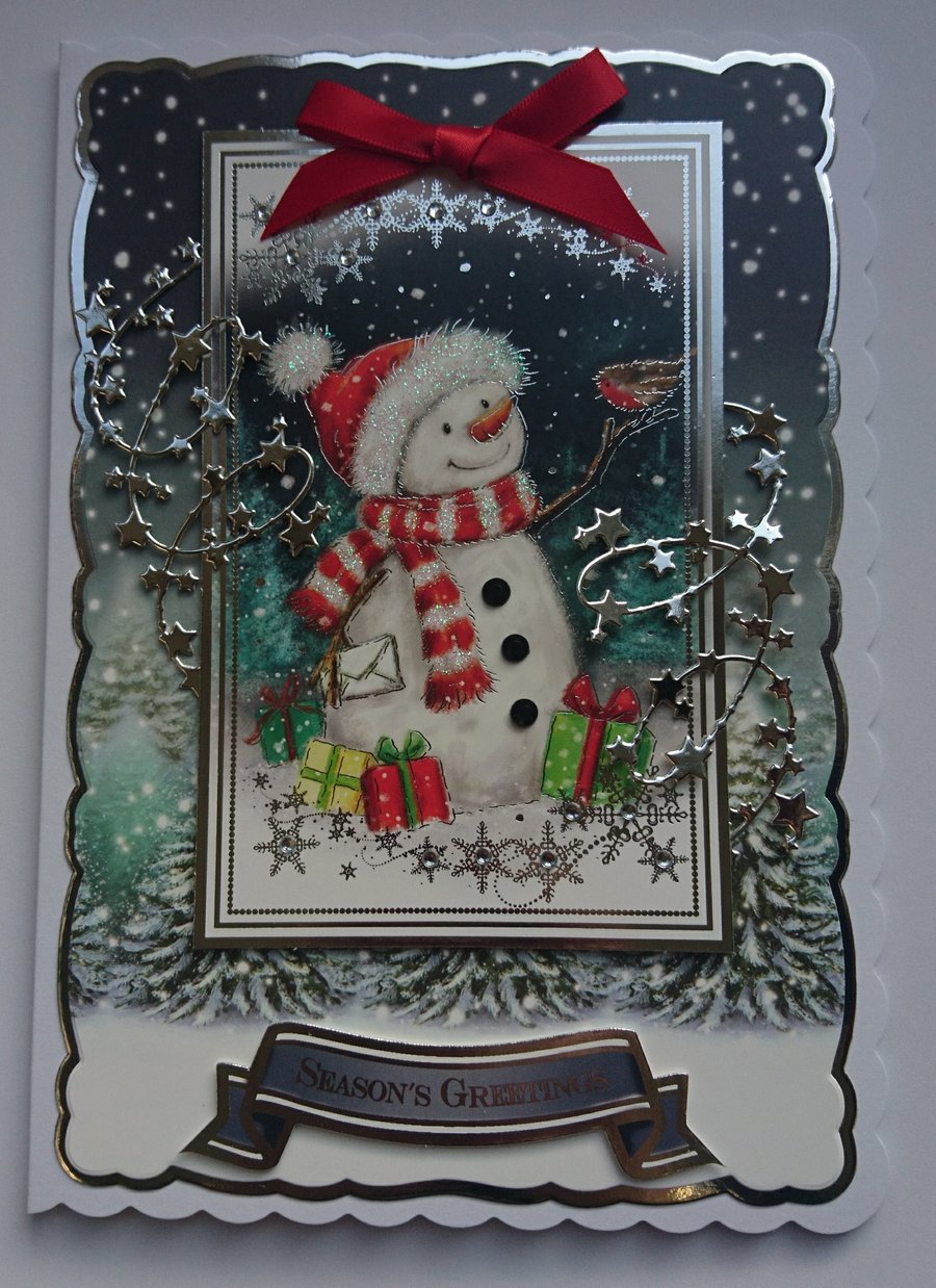Christmas Card Season's Greetings Snowman Robin With Presents 1