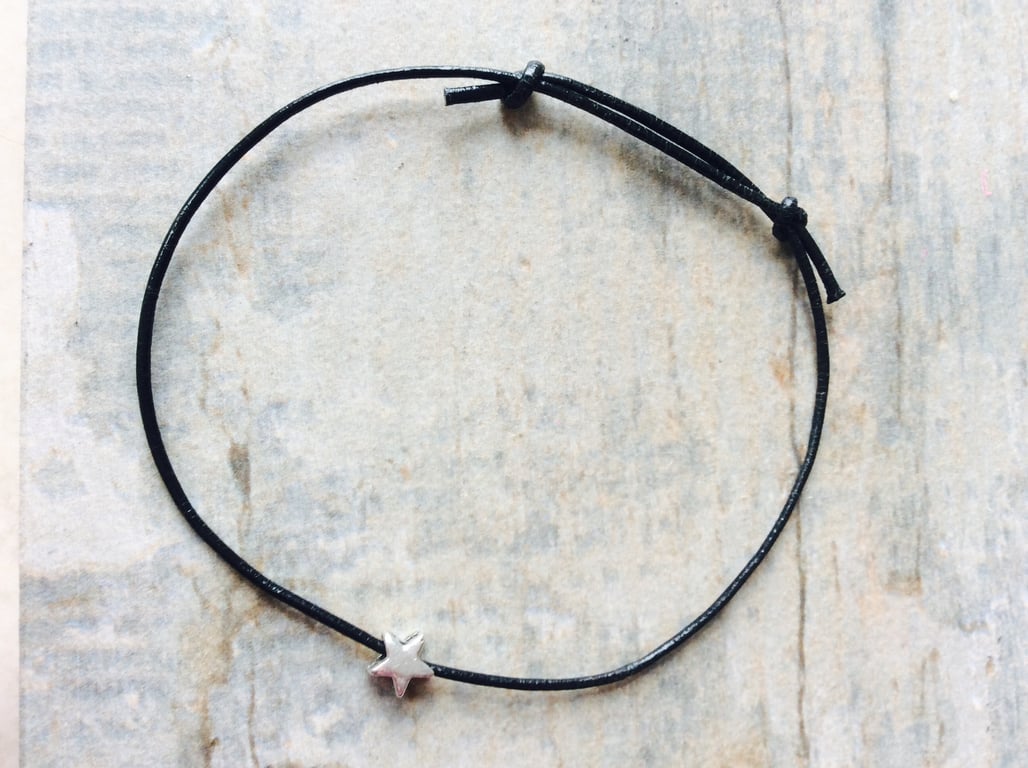 Black Leather and Silver Star Friendship Bracelet