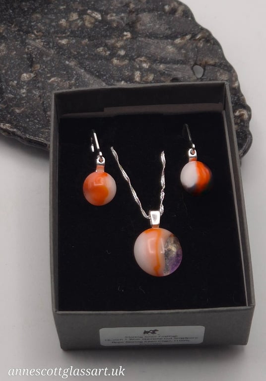 Orange, Pink and White Fused Glass Lever Hook Earrings and Pendant Set