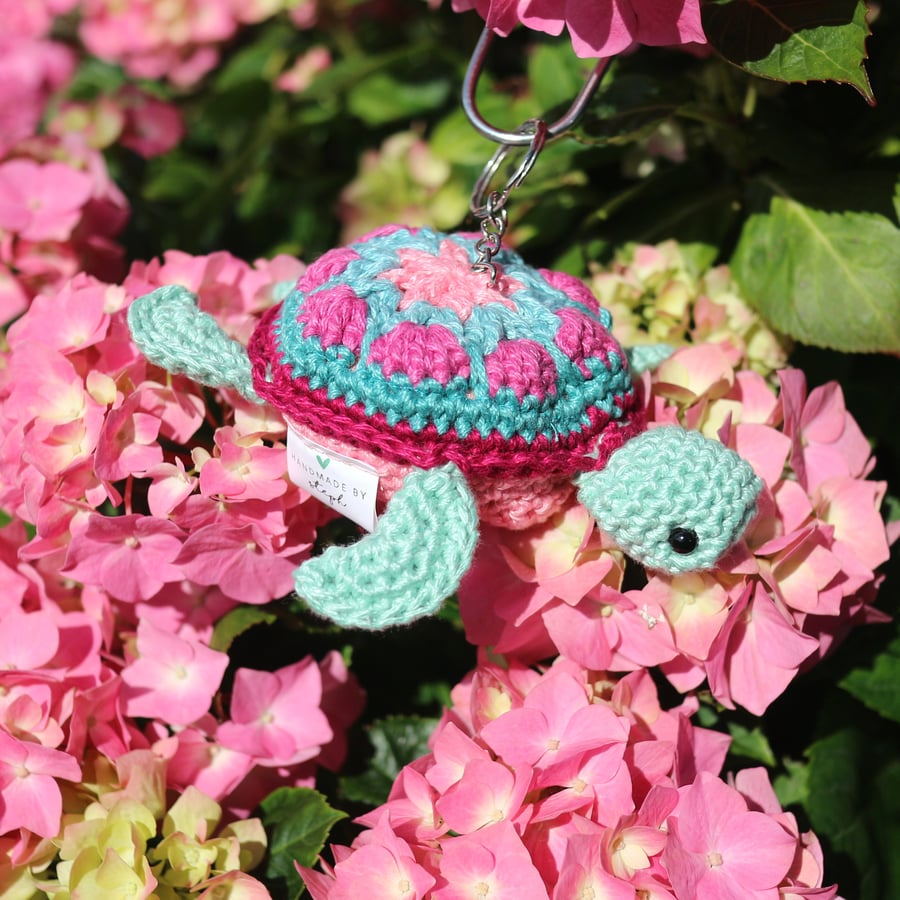 Handmade Turtle Crochet Keyring - Teals & Pinks