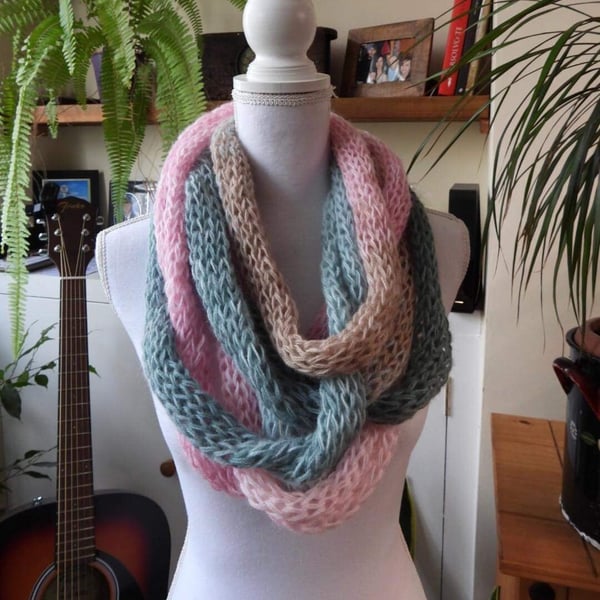 Crochet mesh shawl pink-blue-beige hand knit scarf loose knitted 