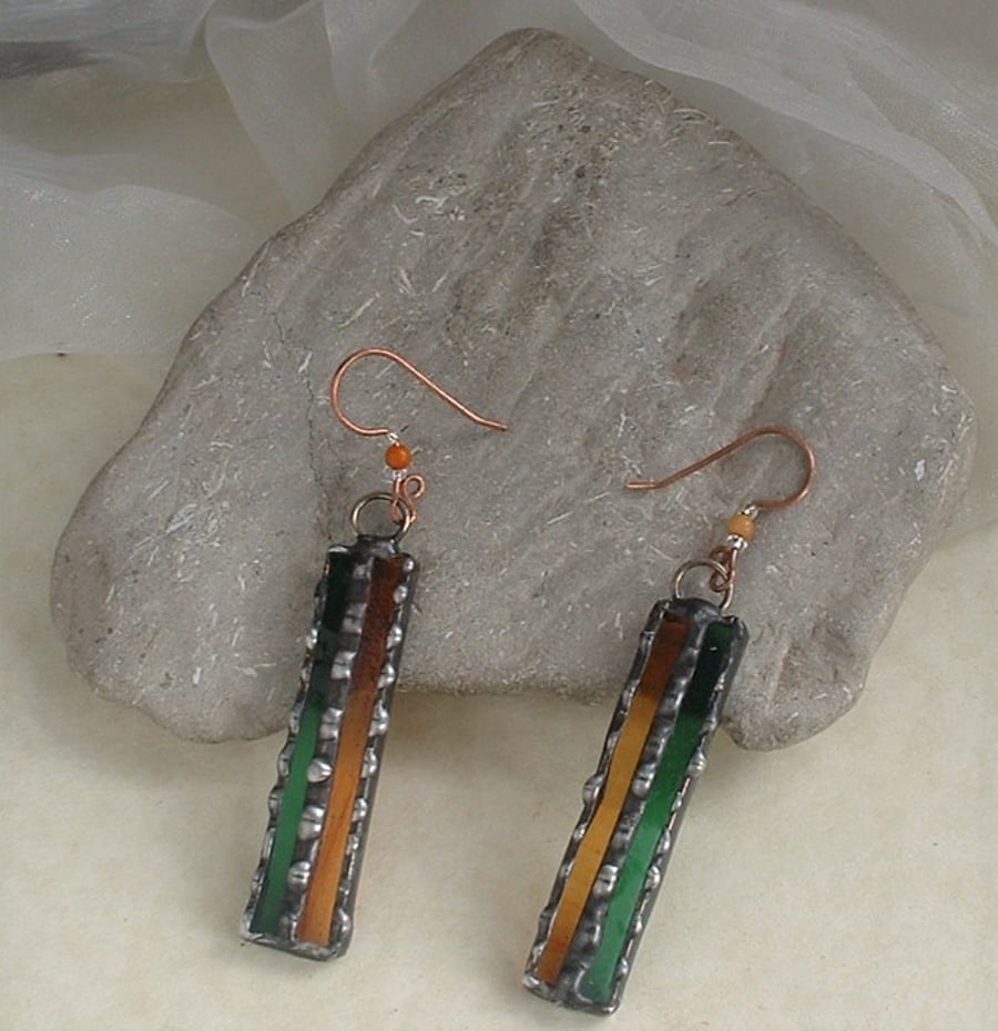 Green & Gold Striped Glass Earrings