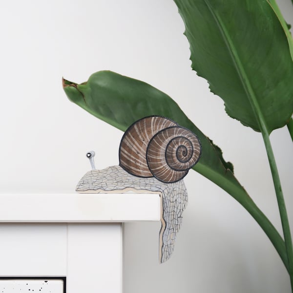 Snail door topper, wildlife art, ornament for shelf end or windowsill.